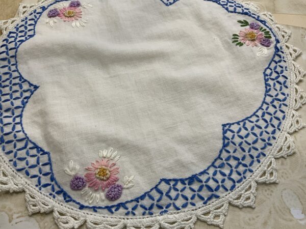 Hand embroidered vintage 12” doily - #22